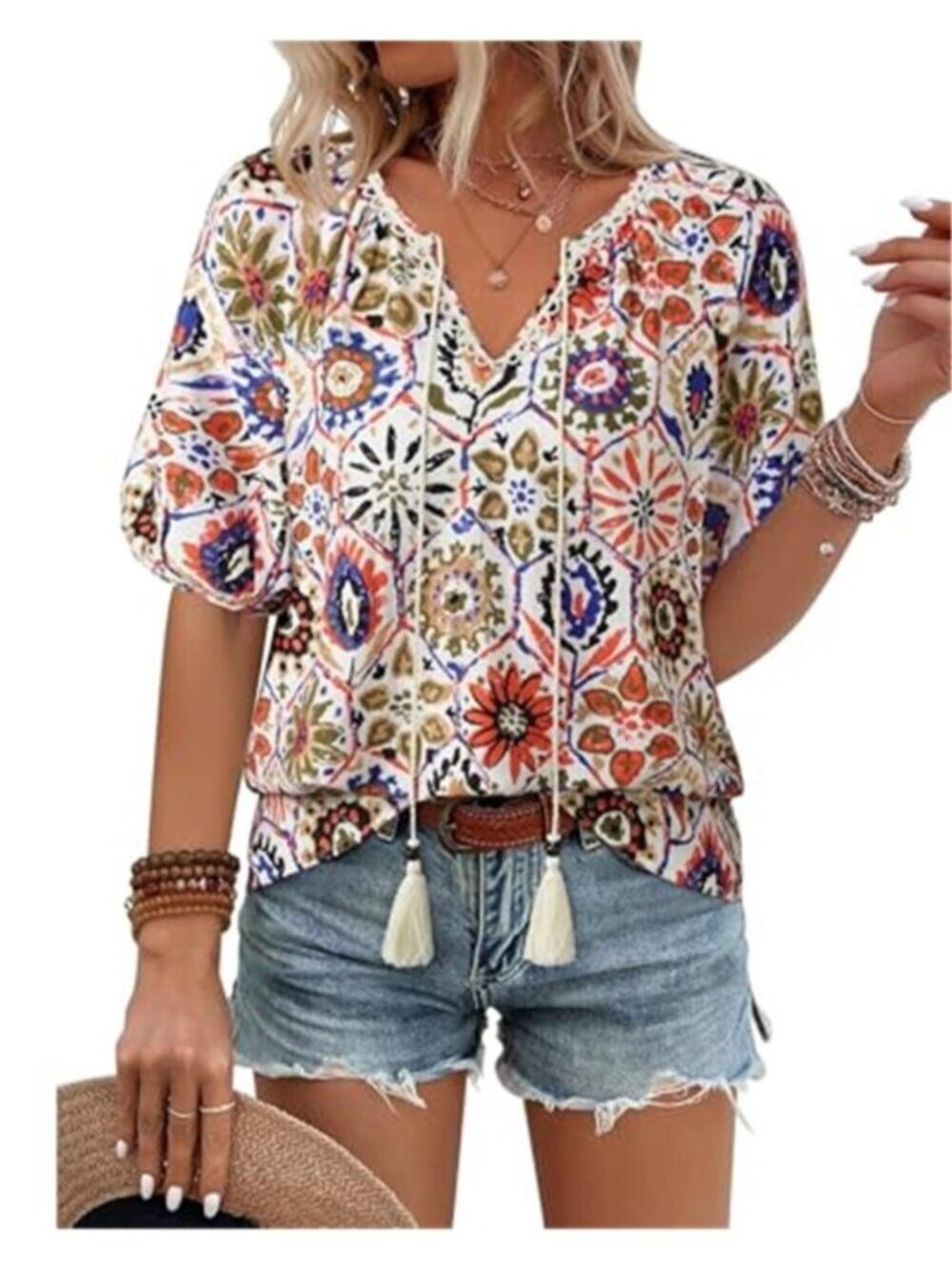Women's Summer Boho Top Casual Short Sleeve Blouse Floral Print